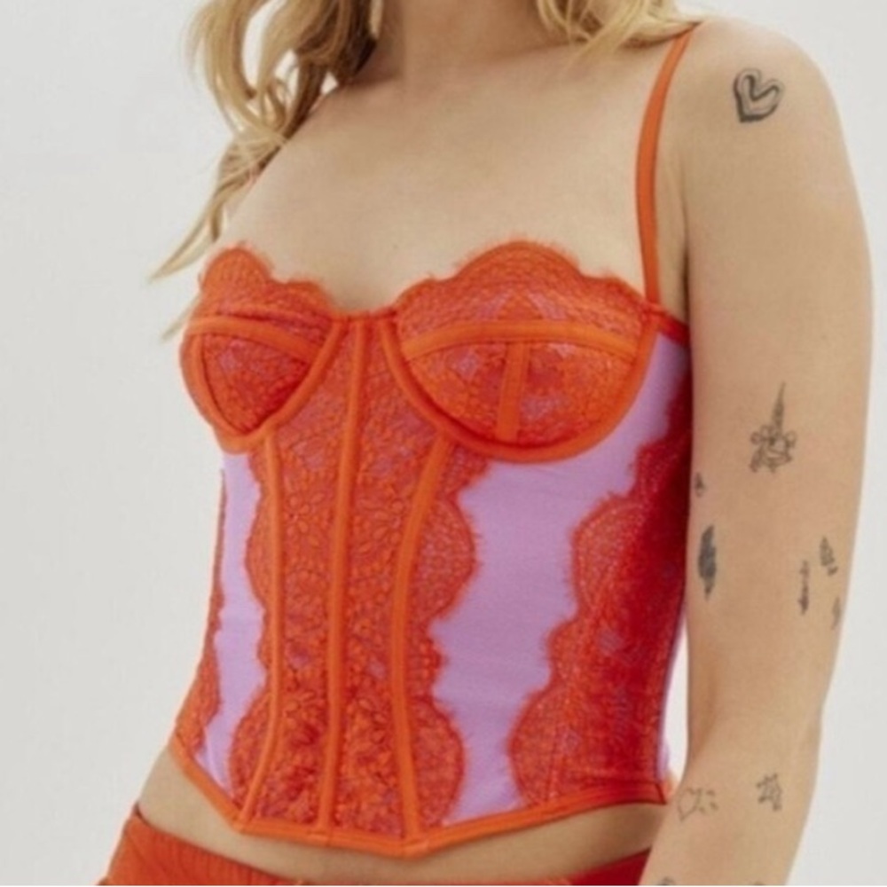 Urban Outfitters Out From Under Lavander Orange Modern Love Lace Corset Size S